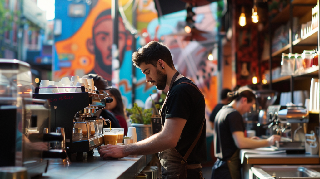 Busy Melbourne laneway cafe scene with a barista preparing coffee and patrons enjoying their morning brew amid vibrant street art.