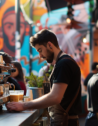 Busy Melbourne laneway cafe scene with a barista preparing coffee and patrons enjoying their morning brew amid vibrant street art.