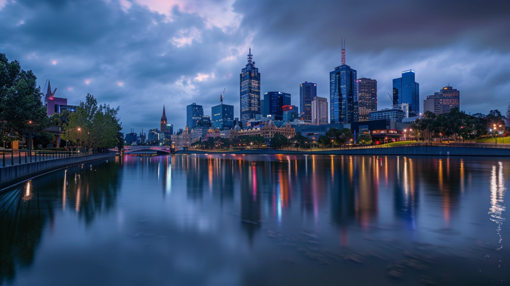 Twilight view of Melbourne skyline from Yarra River, city lights twinkling with calm waters in the foreground.