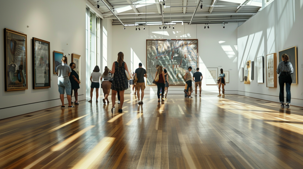 Visitors at the National Gallery of Victoria in Melbourne, observing modern art exhibits in a spacious, naturally lit gallery.