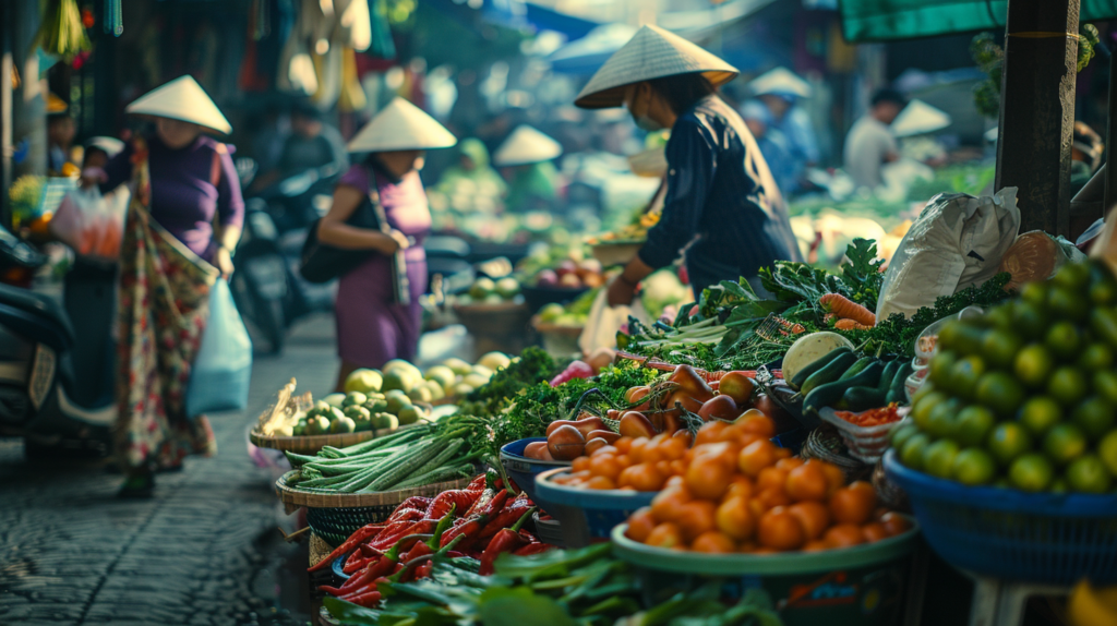 Early morning at a bustling street market in Hanoi, with vendors selling vibrant fresh produce and street food.