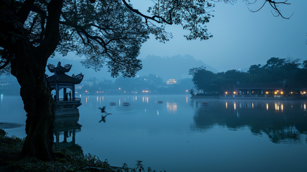Dawn at Hoan Kiem Lake in Hanoi with the Tortoise Tower silhouetted against morning fog and locals practicing Tai Chi.
