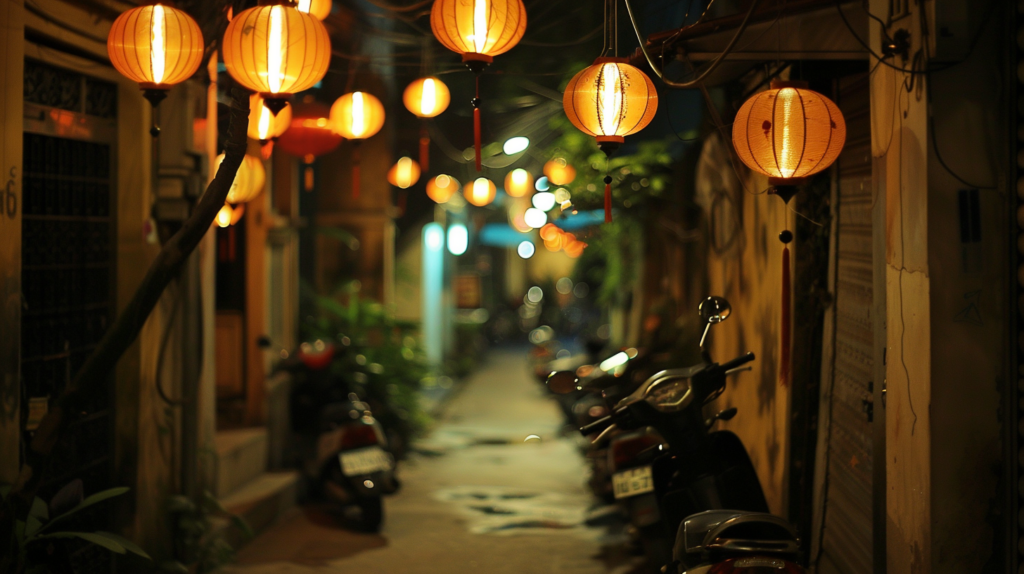 Busy scooter traffic in a narrow alley of Hanoi's Old Quarter, illuminated by warm lantern light overhead.