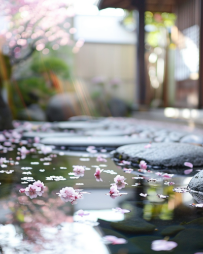 Morning in a Tokyo Zen garden with cherry blossoms reflecting in a pond.