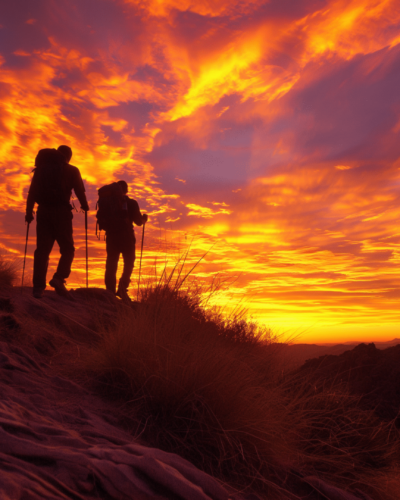 Hikers enjoying a fiery sunset in Phoenix, Arizona