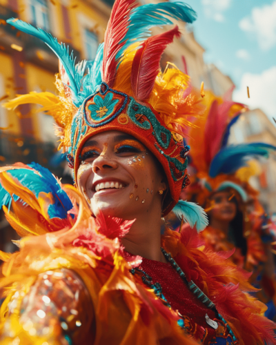 Vibrant carnival parade in Lisbon showcasing colorful costumes