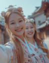 Two women in traditional Korean hanbok taking a selfie in a hanok village