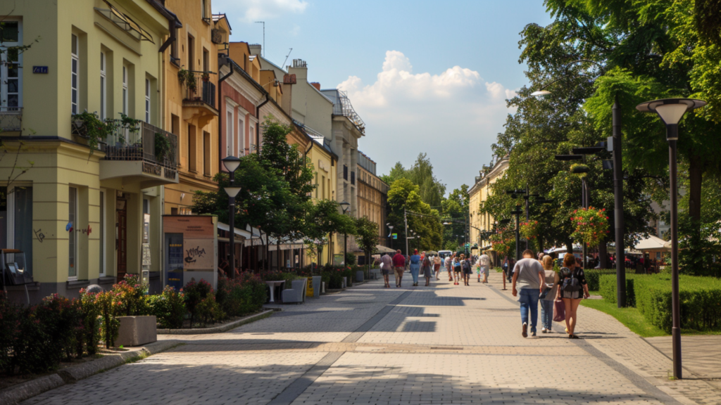 People walking and sightseeing around Mokotow District in Warsaw, Poland.