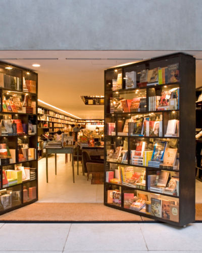 The glass bookshelves of Livraria Vila Lorena in Sao Paulo, Brazil