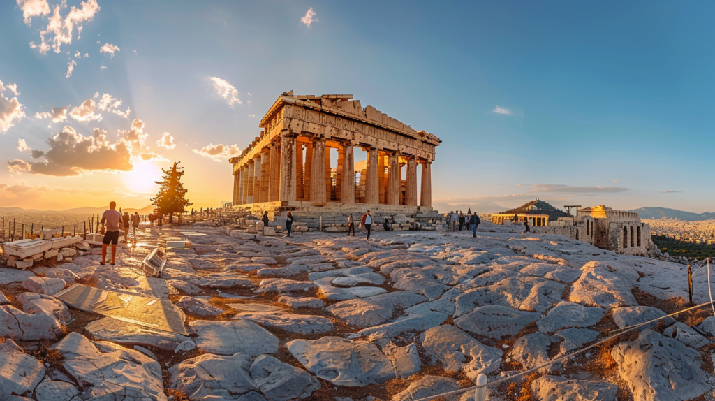 A scenic view of the Acropolis in Athens at sunset with the Parthenon bathed in golden light and a few tourists exploring the ancient ruins.