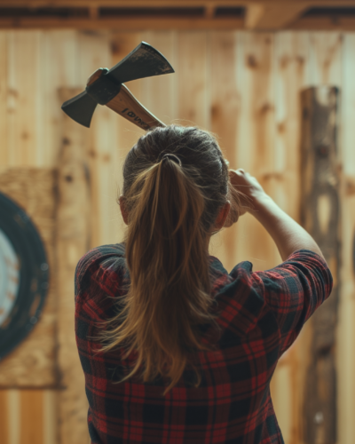 A girl throwing an axe at a target.
