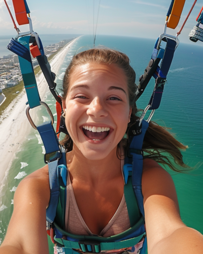 A thrill-seeker parasailing above Gulf Shores’ vibrant blue ocean and sandy beaches below.