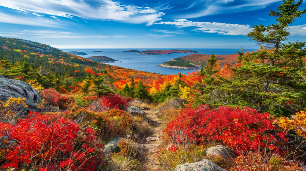 Autumn foliage on hiking trails in Acadia National Park, Maine.