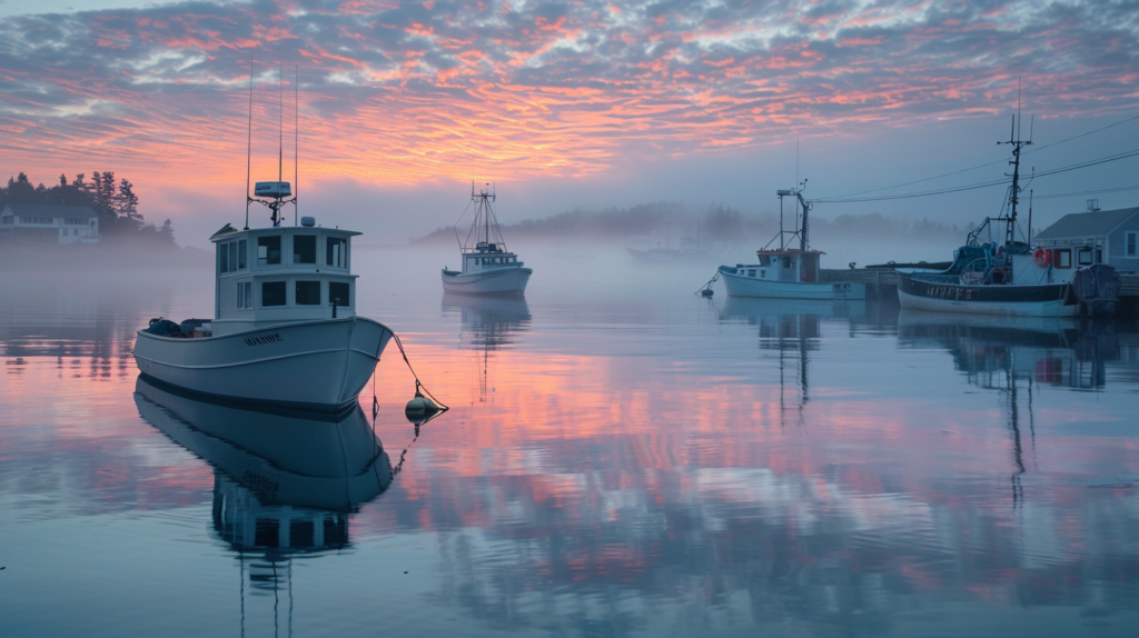 Serene morning at a Maine harbor with lobster boats and rising mist.