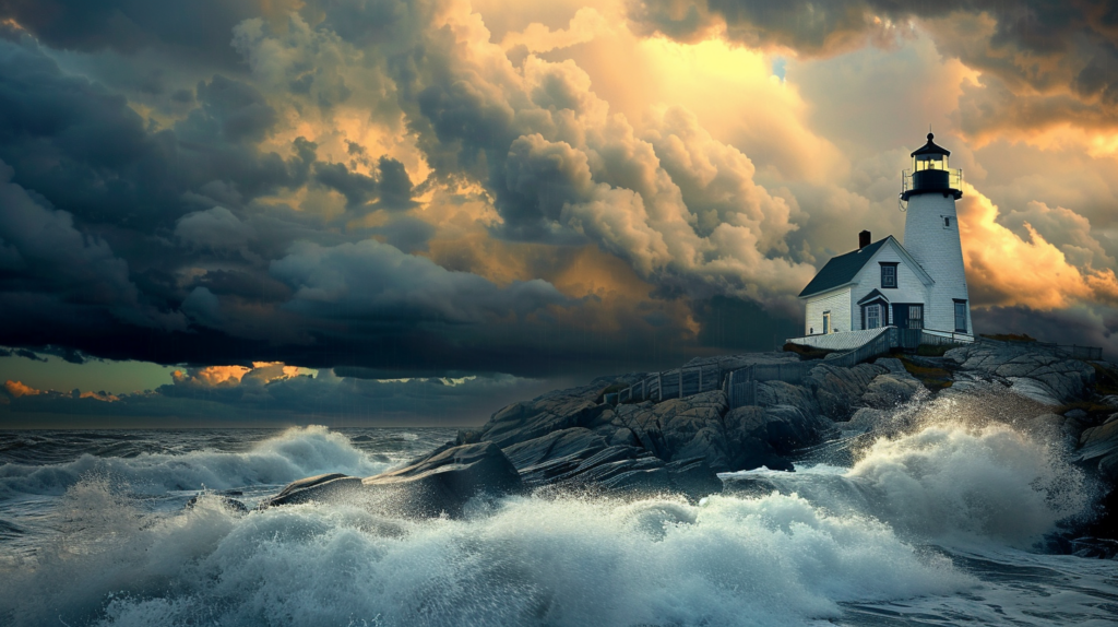 Stormy afternoon at a historic lighthouse on Maine's rocky coast.