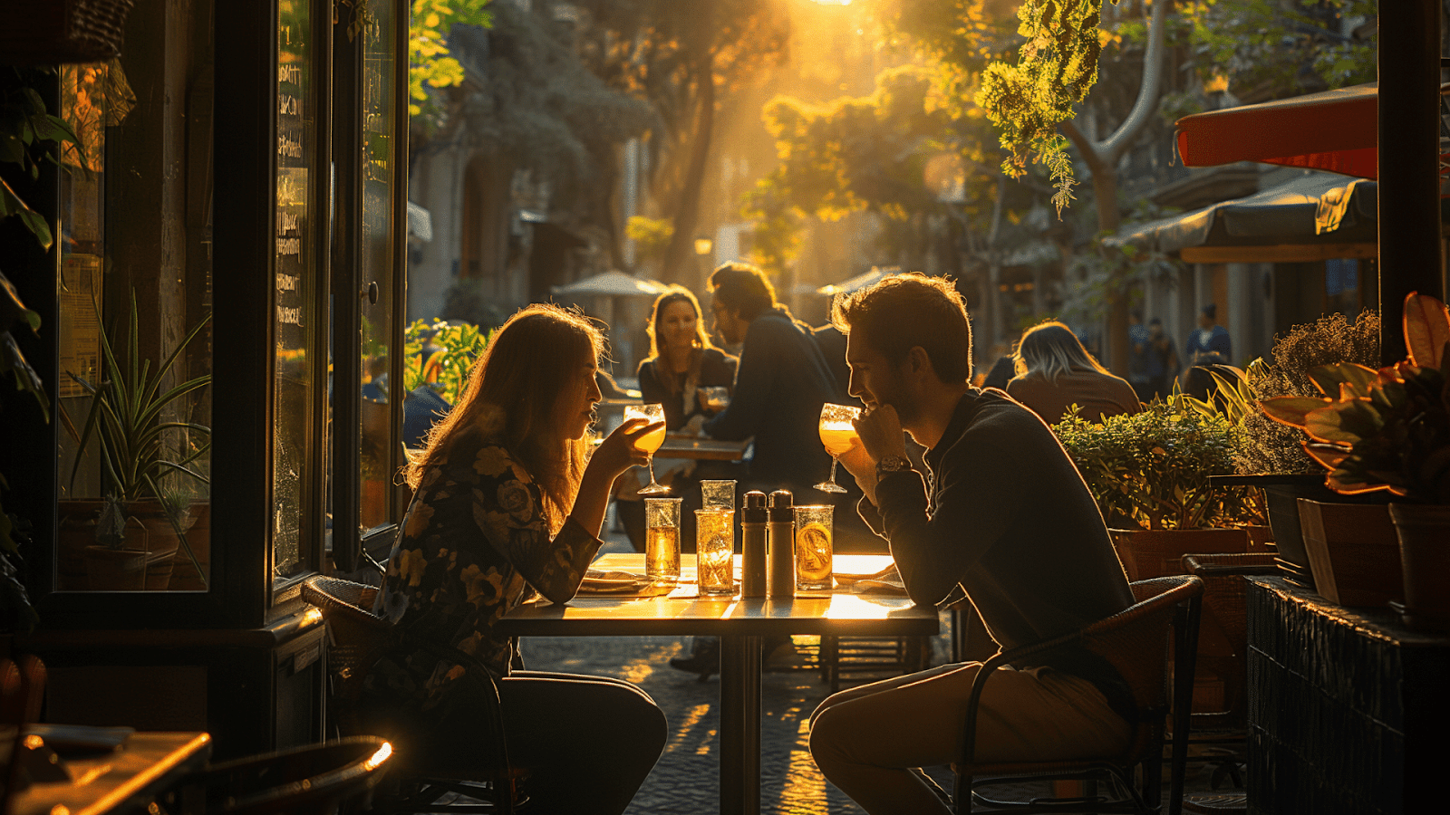 A couple dining at an outdoor cafe during golden hour.