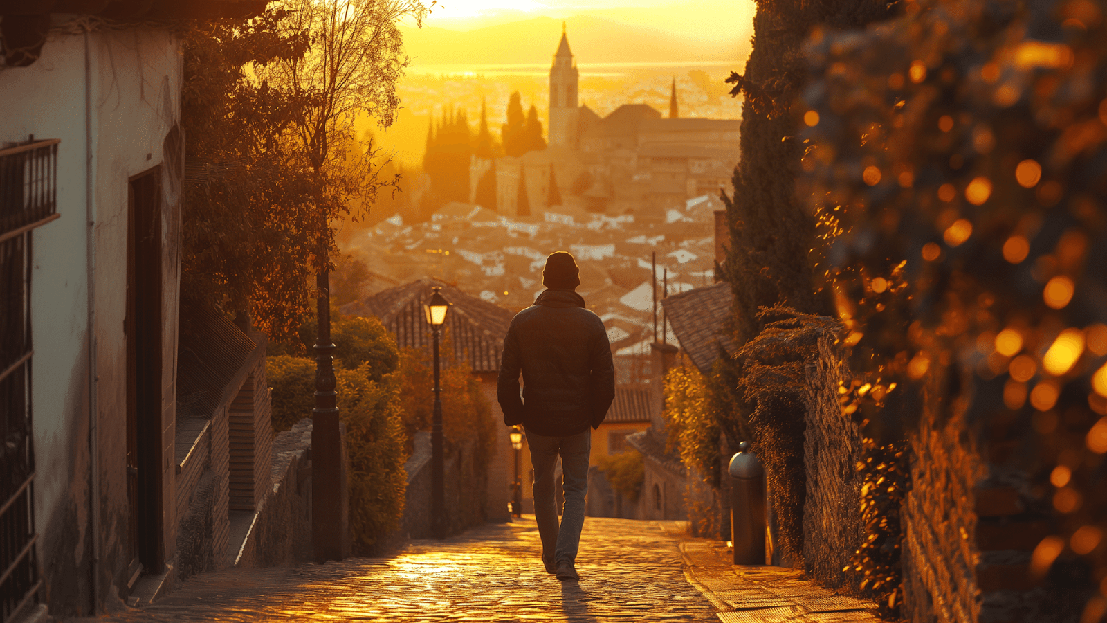 A person walking down a cobblestone street with a stunning sunset backdrop.