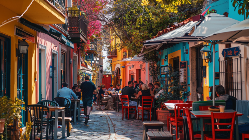 Vibrant street scene in the Plaka neighborhood of Athens, Greece with colorful buildings, cozy cafes, and people enjoying their day.