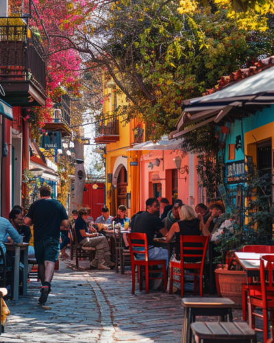 Vibrant street scene in the Plaka neighborhood of Athens, Greece with colorful buildings, cozy cafes, and people enjoying their day.