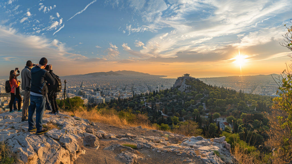 Panoramic view of Lycabettus Hill in Athens, Greece with the city skyline in the background and people taking photos.