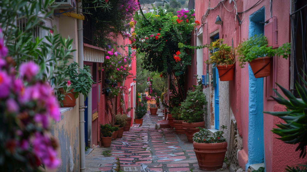 Colorful houses and narrow streets in the Anafiotika neighborhood of Athens with flowers and plants adorning the facades.