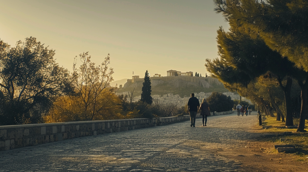 Peaceful walk along Filopappou Hill in Athens with people admiring the view and the Monument of Philopappos in the background.