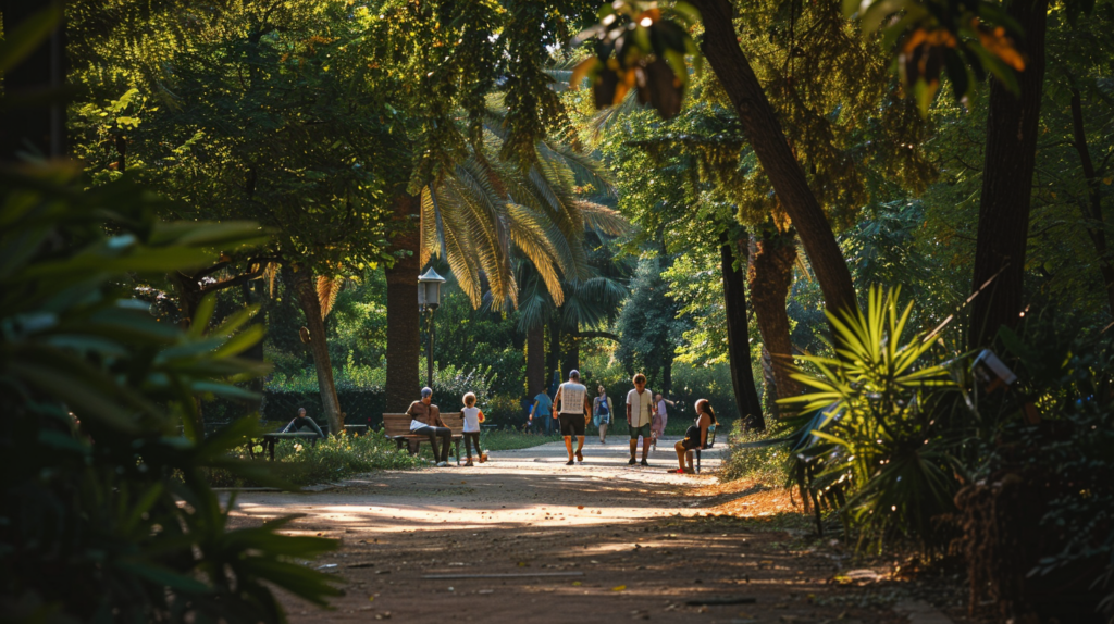 Relaxing afternoon at the National Garden in Athens with lush greenery, a family having a picnic, and people strolling.