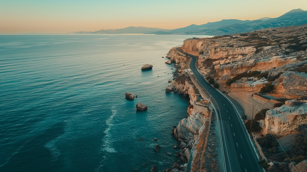 Coastal road near Athens with a car driving along the scenic route, cliffs on one side, and the sea on the other.