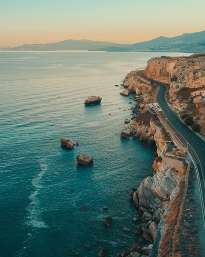 Coastal road near Athens with a car driving along the scenic route, cliffs on one side, and the sea on the other.