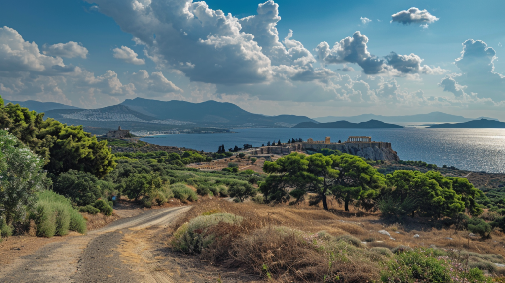 Scenic drive from Athens to Sounion, Greece with the Temple of Poseidon in the background and the Aegean Sea visible.