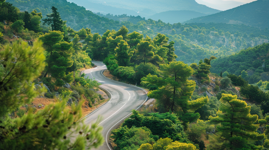 Mountainous road from Athens to Delphi, Greece with a car navigating the winding roads and lush greenery.
