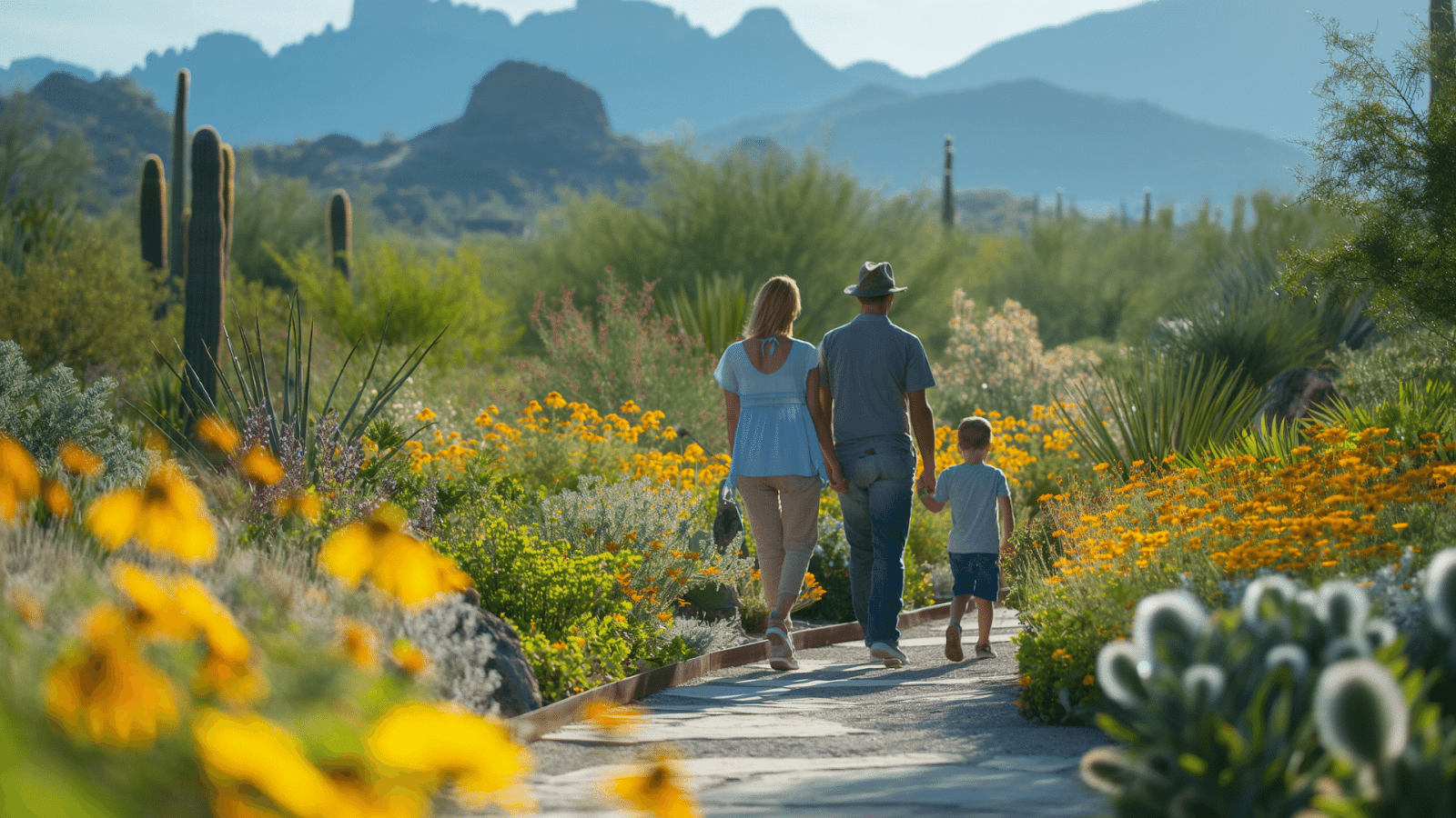 A family walking through a blooming desert garden in Phoenix Arizona.