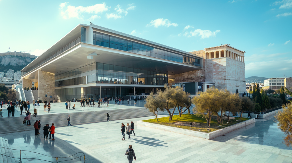 Panoramic view of the Acropolis Museum in Athens showcasing modern architecture, with visitors exploring the exhibits.