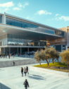 Panoramic view of the Acropolis Museum in Athens showcasing modern architecture, with visitors exploring the exhibits.