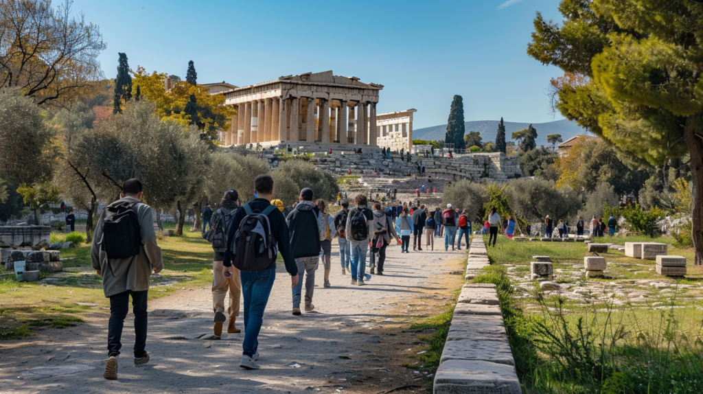The Ancient Agora in Athens, Greece with the Temple of Hephaestus and Stoa of Attalos, tourists walking around the historical site.
