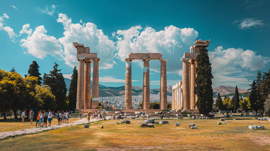 Temple of Olympian Zeus in Athens, Greece with its massive columns and visitors exploring the ancient ruins.