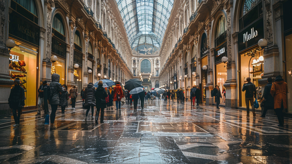 The Duomo di Milano and Galleria Vittorio Emanuele II with people taking photos and shopping.