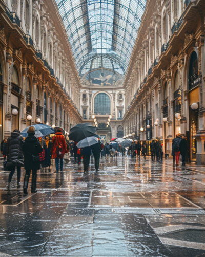 The Duomo di Milano and Galleria Vittorio Emanuele II with people taking photos and shopping.