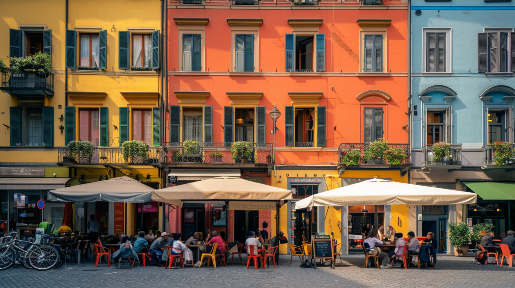 The Brera district of Milan, Italy with colorful buildings, art galleries, and people enjoying outdoor cafes.