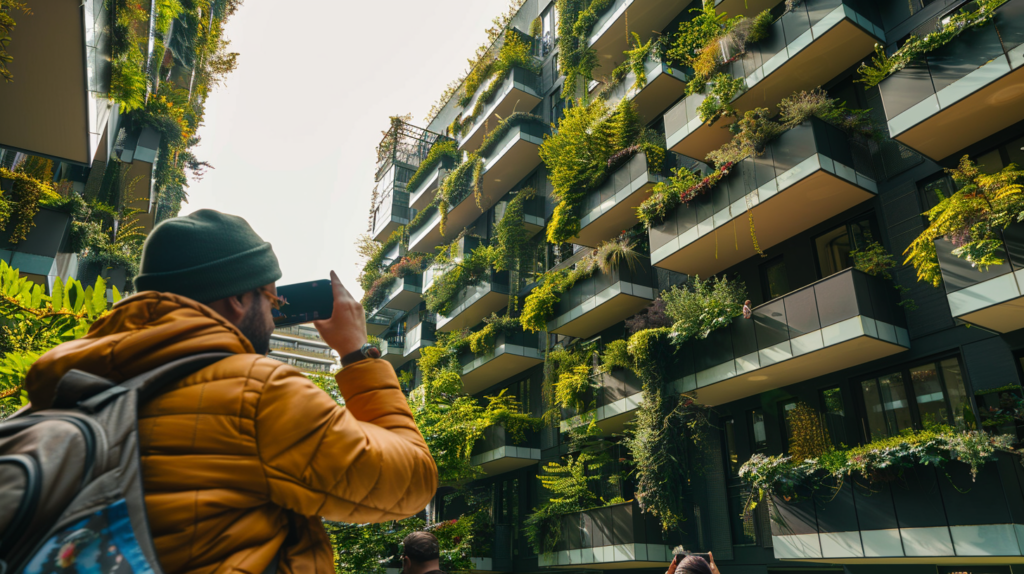 A man taking a photo of the Bosco Verticale in Milan, Italy. 
