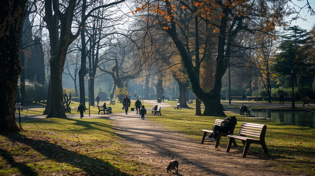A tranquil scene in Parco Sempione in Milan, Italy with people jogging, walking their dogs, and relaxing on benches.