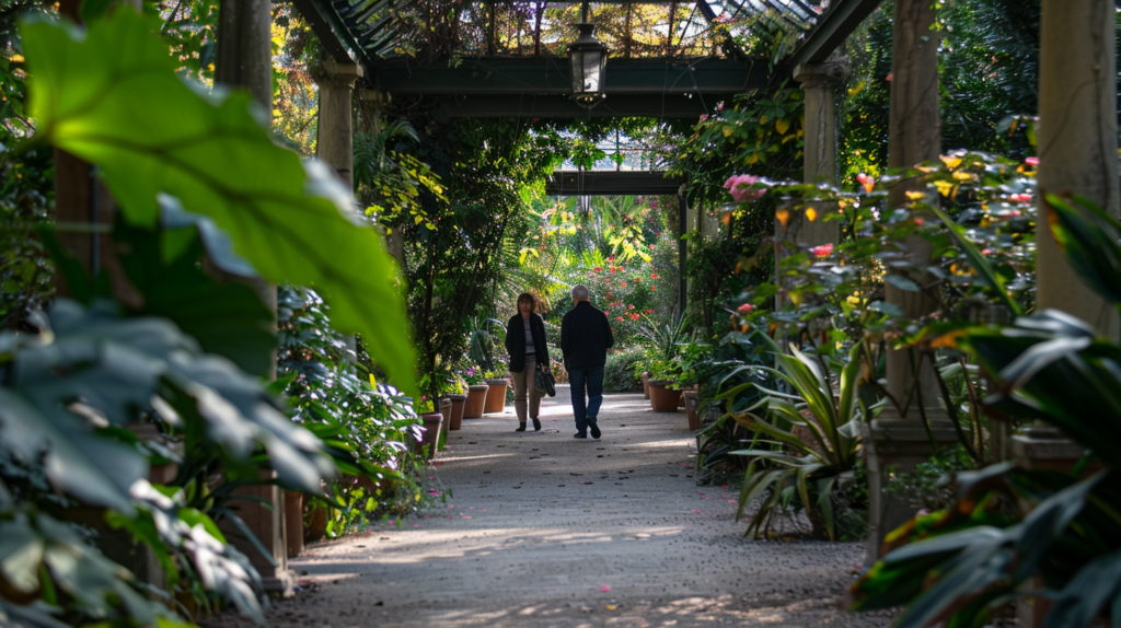 Two people walking through the Brera Botanical Garden in Milan, Italy. 