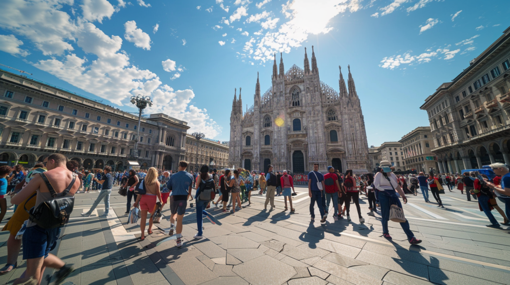 Piazza del Duomo in Milan, Italy, bustling with tourists, with the magnificent cathedral in the background.