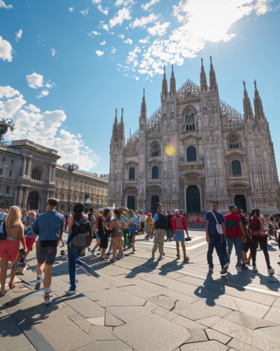 Piazza del Duomo in Milan, Italy, bustling with tourists, with the magnificent cathedral in the background.