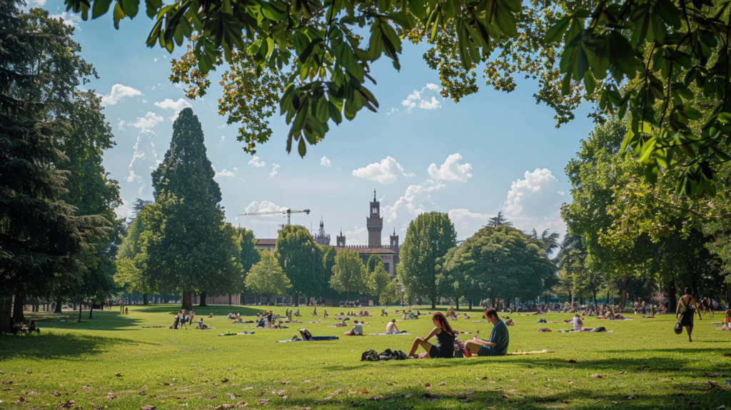 People enjoying a sunny day at Sempione Park in Milan, Italy with the Sforza Castle visible in the background.