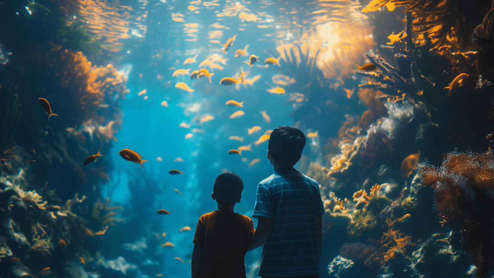 Two children viewing an aquarium—a truly magical experience to consider when planning a trip to South Korea.