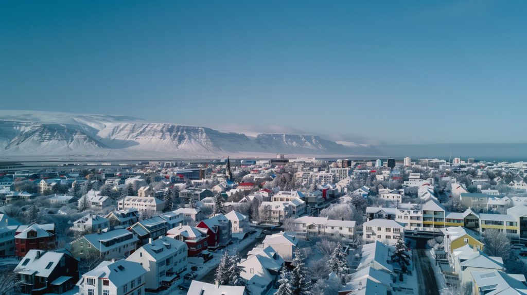 Aerial view of Reykjavik with colorful rooftops and snow-capped mountains in the background on a clear winter day.