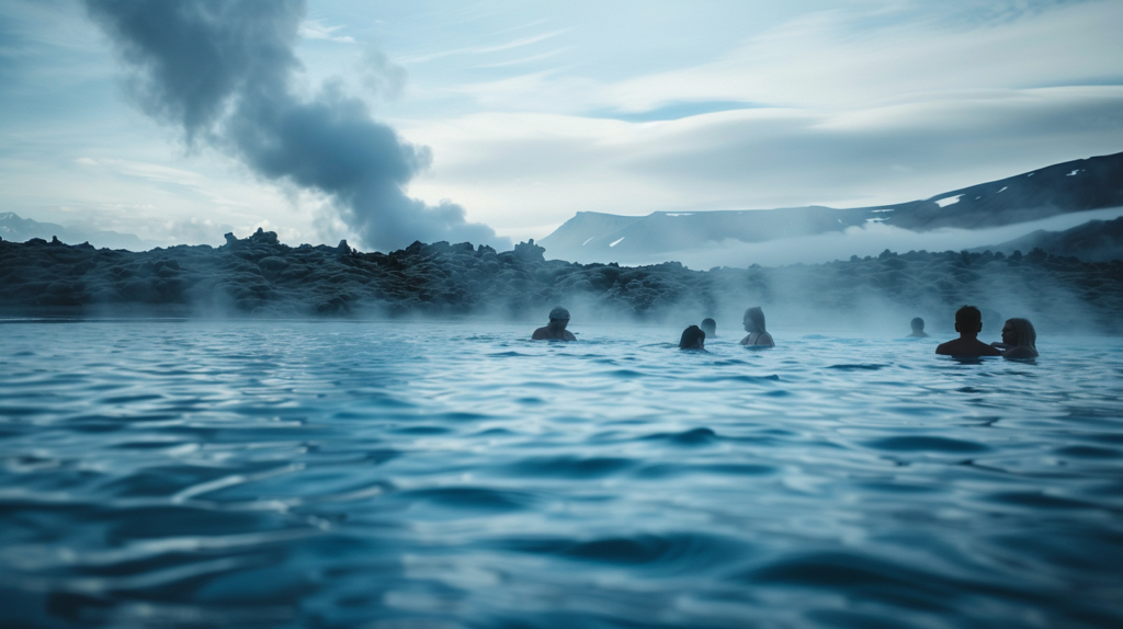 Tourists relaxing in a steamy geothermal hot spring near Reykjavik, surrounded by rugged lava fields.