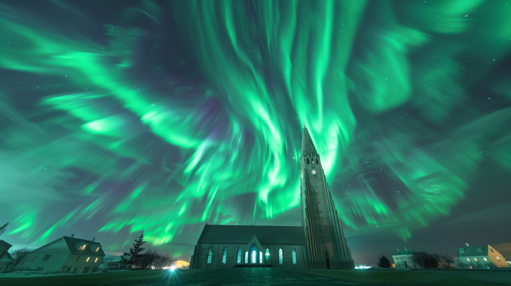 Northern Lights in vibrant green and purple over Hallgrímskirkja church in Reykjavik during a clear night.