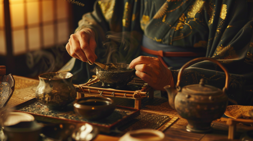 Close-up of a traditional Japanese tea ceremony in Kyoto.
